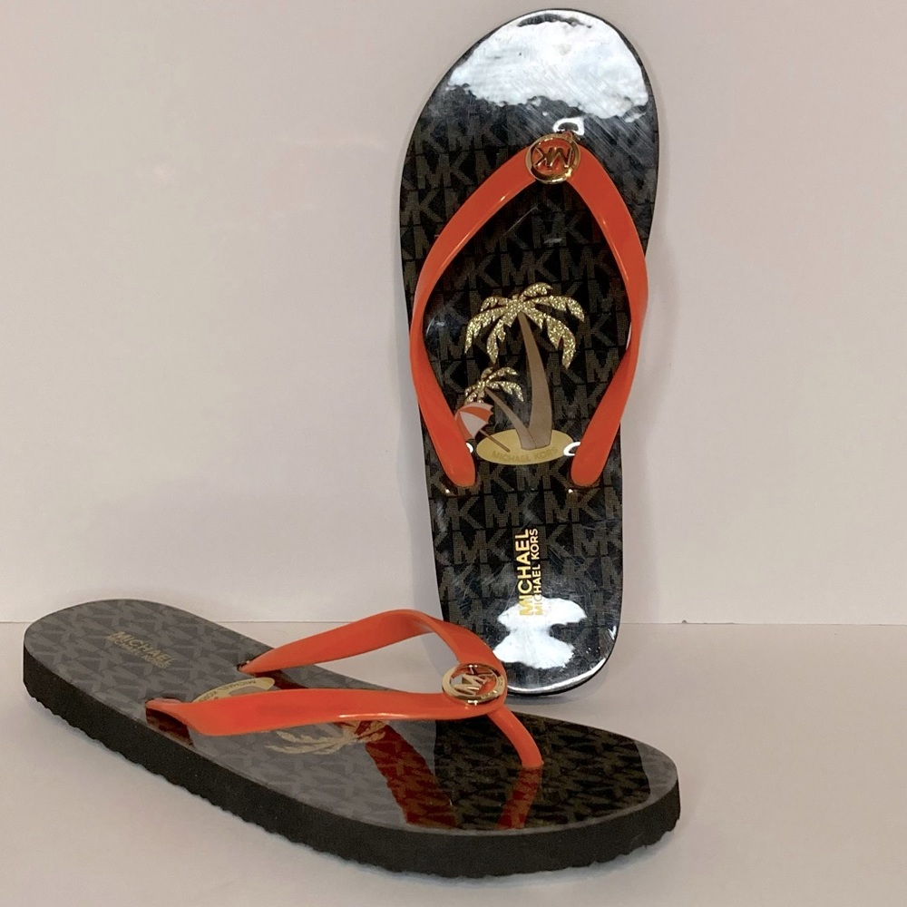 Size 9 Michael Kors Brown Orange Palm Tree Flip Flops Thongs Sandal Beach Cruise